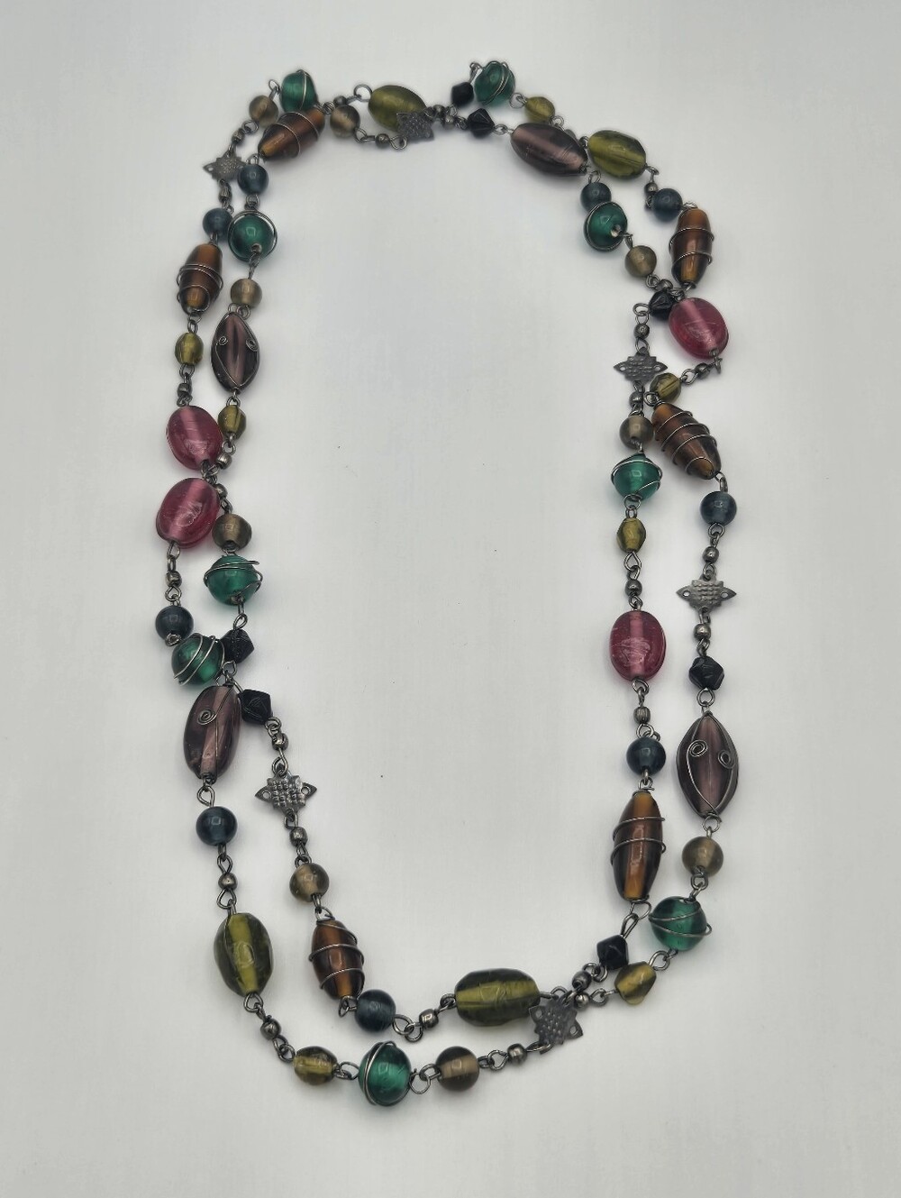 Boho Multicolor Beaded Necklace Long Wire Wrapped Glass Bead Statement Jewelry